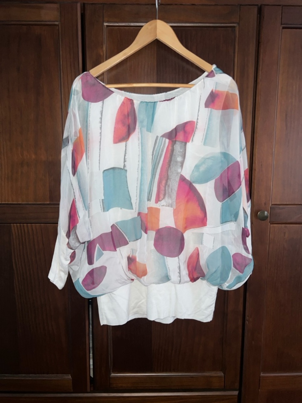 Artsy Lagenlook Sheer Abstract Print Blouse in Watercolor Accents M Giusy
